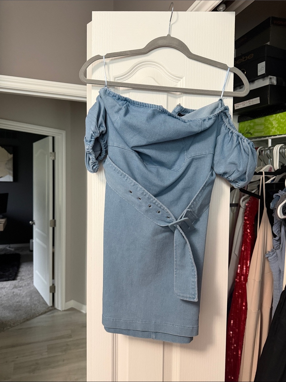 Light Blue Off-Shoulder Denim Dress with Tie Waist